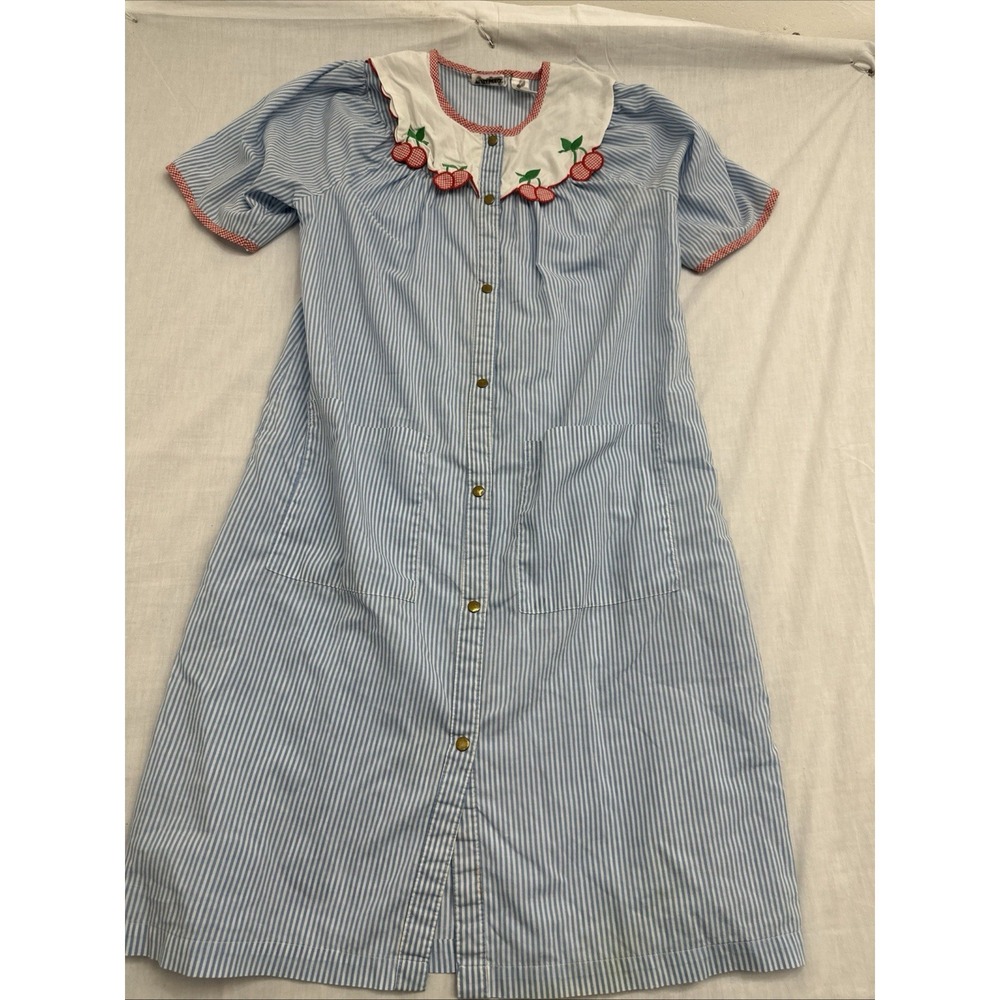 Kelly Reed Robe Women's Small Blue Stripe Cherry Collar Button Front - Picture 2 of 9